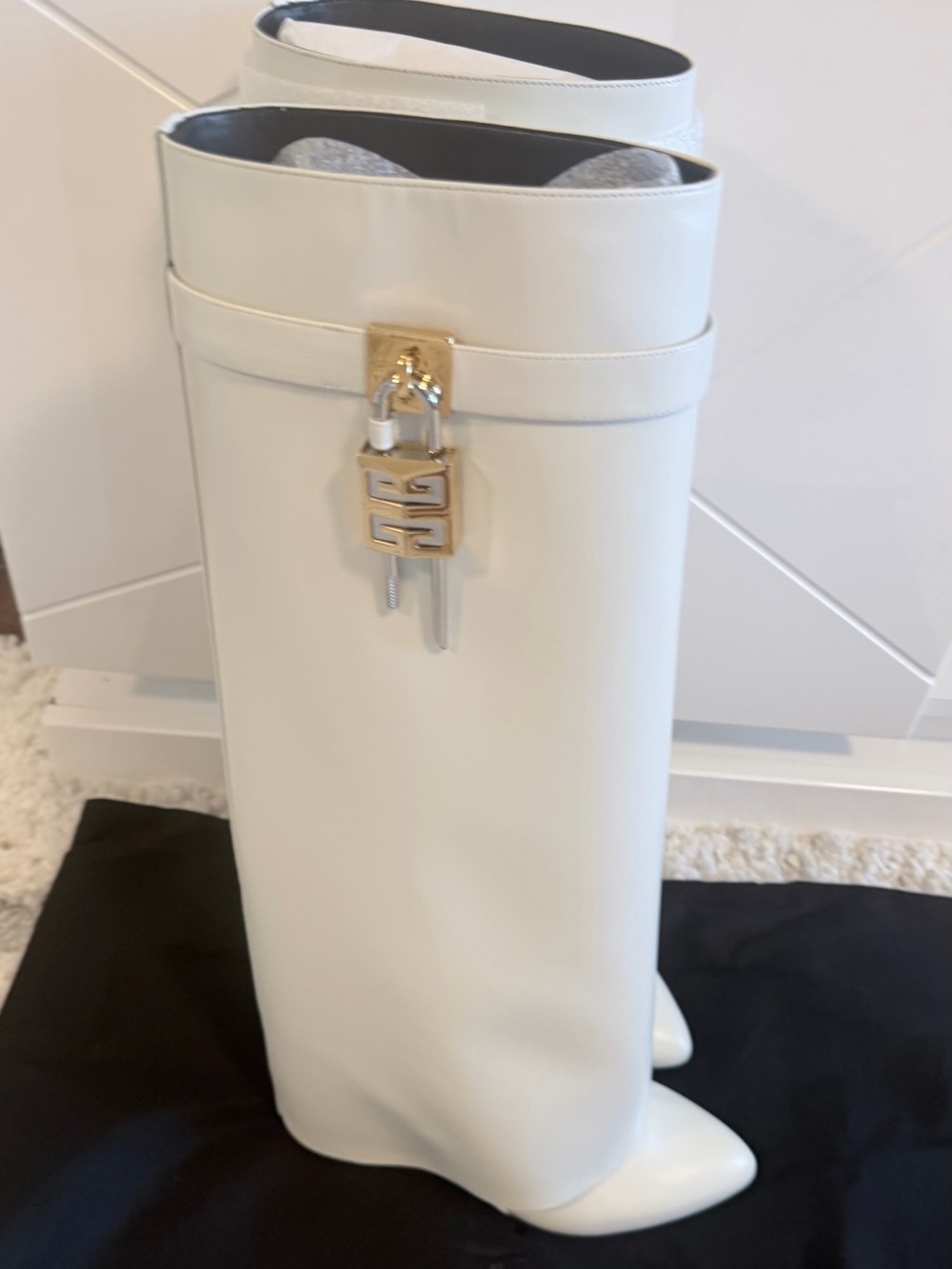 Givenchy White Leather Tall Knee Boots w/ Gold Lock- Sz 42